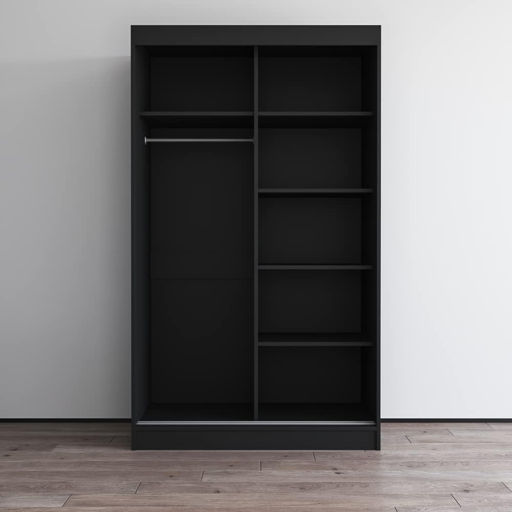 Meble Furniture Aria 2D Wardrobe with Mirror Doors — Spacious Storage with Shelves and Hanging Space — Modern Bedroom Closet — Black, 80" H x 47/59" W x 26" D