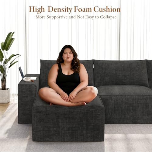 Vesgantti 114" L Shaped Couch, Deep Seat Sectional Sofa, Black | Oversized 3 Seater Modular Couch with Ottoman, Cloud Sofa for Living Room, No Assembly Required, Free Combination, Chenille