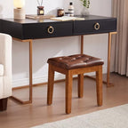 Ottoman Vanity Wooden Stool with Padded Seat, Faux Leather Brown | Square Wood Accent Dining Makeup Piano Stool with Button-Tufted Padded Upholstered Seat & Wood Legs for Living Room Bathroom