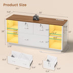 SEDETA 55" File Cabinet with Lock, Large 3 Drawers Filing Cabinets for Home Office, Lockable Printer Stand with Storage, Power Strip, LED Light & Pegboard, White + Brown
