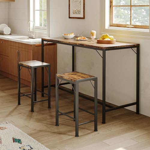 Homeiju Bar Table and Chairs Set, Dining Table with 2 Stools | Space-Saving Pub Table and Chairs, Perfect for Kitchen, Breakfast Nook, Living Room & Small Spaces (Rustic Brown)
