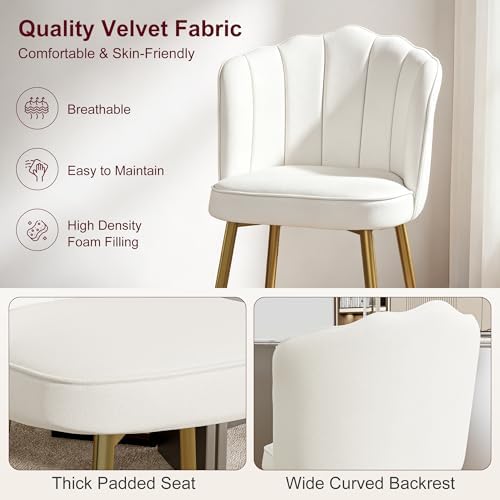 VECELO Velvet Dining Chairs Set of 2, Modern Upholstered Kitchen Chairs with Thick Cushions, Curved Padded Backrest and Metal Legs, for Kitchen, Dining Room, Living Room, White