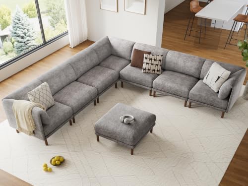 Cloud Sectional Couches for Living Room,Modular Sectional Sofa,Grey | Extra Deep 8 Seater,Mid Century Modern Oversized Couches With Ottoman,Solid Wood Leg,Large Sofa for Big Space,Office