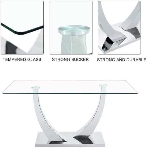 Modern Silver Dining Table, 63" Dining Room Table for 4-6 with Heavy Duty Tempered Glass Top, Rectangular Glass Kitchen Table with Sturdy U Shaped Base for Kitchen Dining Room