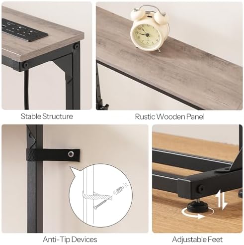 HOOBRO Narrow Console Table with Charging Station, Adjustable Height Sofa Table (25''-32.9''), Slim Behind Couch Table for Small Spaces, Entryway, Living Room, 39.4" Greige BG95UXG01