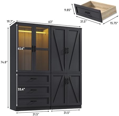 75" Tall Farmhouse 4 Doors Armoire Wardrobe Closet with 3 Drawers and LED,Freestanding Closet Wardrobe Cabinet for Bedroom with Hanging Rod,Wooden Armoire Storage Cabinet with Adjustable shelve(Black)