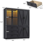 75" Tall Farmhouse 4 Doors Armoire Wardrobe Closet with 3 Drawers and LED,Freestanding Closet Wardrobe Cabinet for Bedroom with Hanging Rod,Wooden Armoire Storage Cabinet with Adjustable shelve(Black)