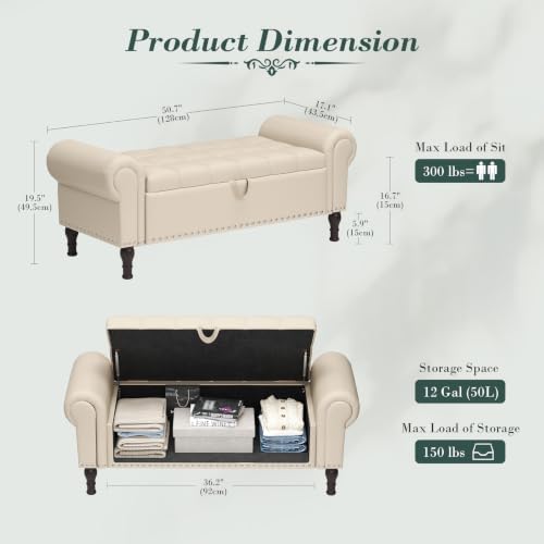 Apicizon 51” Bench with Storage, Faux Leather Ottoman Bench with Rolled Arm & Vintage Rivets, End of Bed Bench for Bedroom, Living Room, Entryway, Beige+Brown Legs