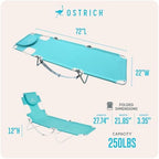 Ostrich The Original Chaise Lounge 72"x22" Portable Reclining Lounger, Aqua | Outdoor Relaxing Pool Tanning Chair, Lightweight Beach Recliner with Adjustable Backrest and Carry Strap, 250 lb Capacity