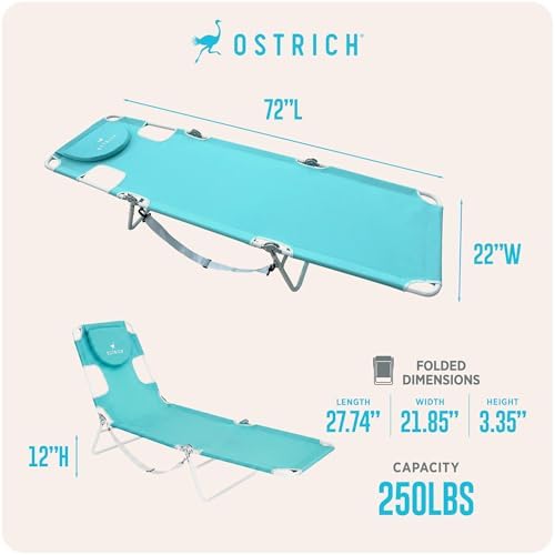 Ostrich The Original Chaise Lounge 72"x22" Portable Reclining Lounger, Aqua | Outdoor Relaxing Pool Tanning Chair, Lightweight Beach Recliner with Adjustable Backrest and Carry Strap, 250 lb Capacity