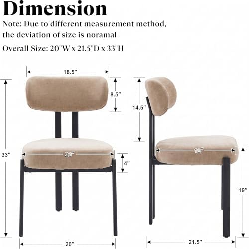 Ya-Home Modern Dining Chairs Set of 2, Chenille Kitchen Chairs, Khaki | Curved Back Upholstered Chairs With Black Metal Legs, Armless Dining Room Chairs Guest Chairs for Restaurant/Home Kitchen