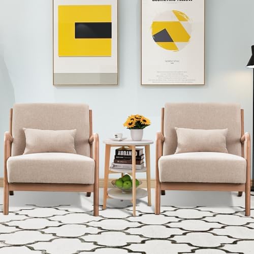 INZOY Mid-Century Modern Accent Chair Set of 2, Upholstered Living Room Chairs with Waist Cushion, Reading Armchair for Bedroom Sunroom