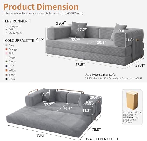 78.8" Couch for Living Room, Futon Sleeper Sofa Bed | Convertible Sofa Bed, Corduroy Pull Out Couch Loveseat with Storage Pocket, Modular Design, No Assembly, Grey