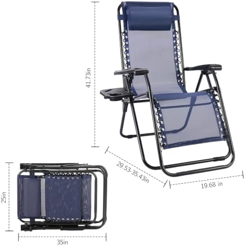 Sweetcrispy Zero Gravity Chairs Set of 2, Outdoor Folding Reclining Lounge Chair with Cup Holder Tray & Adjustable Pillow, Portable Camping Beach Patio Poolside Lawn Yard Chair, Classic Blue