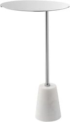 Benjara Frank 12" Drink Side End Table- Chrome Top- White Marble Solid Base