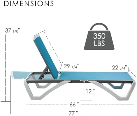 Kozyard Outdoor Chaise Lounge Chair, Full Flat Adjustable Patio Lounger with Aluminum Frame & Resin Legs, Textilene Fabric for Poolside, Backyard & Beach (Aqua, Chair)