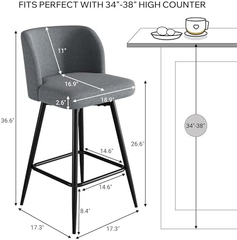 Swivel Bar Stools Set of 2, 26" Counter Height Bar Stools with High Back and Metal Legs, Fabric Bar Chairs, Modern Barstools for Kitchen Island, Light Grey