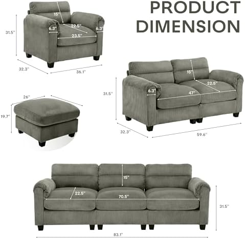 HAOMARKETS Corduroy Sofa Set, Upholstered Armchair and Loveseat with Plush Cushions and Rolled Arms, Modern Living Room Furniture Sets,Green