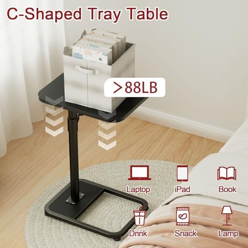 GOYLSER C Shaped Tv Trays Living Room End Table End Stand, Black Minimalist Wooden c Table for Sofa, Height Adjustable Tv Tray Tables Swivel Side Table for Dinner Eating