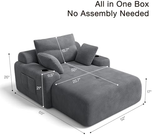 69” Floor Chaise Lounge Chair Indoor, Oversized Chaise Lounge Reading Chairs with 4 Side Pockets and 2 Cup Holders, Comfy Corduroy Sleeper Sofa Bed for Living Room Bedroom Apartment, Grey