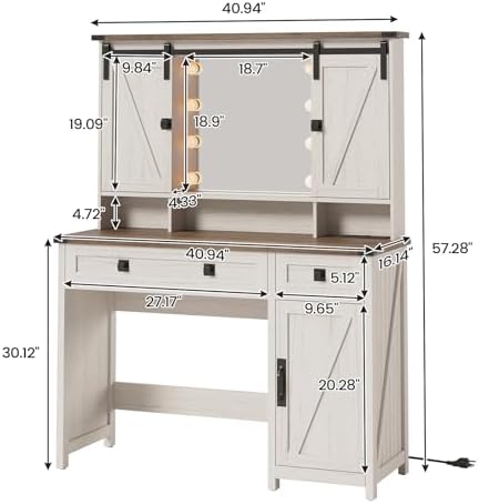 AOGLLATI Makeup Vanity with Lights & Barn Doors, Vanity Desk with Mirror and Lights & Charging Station, Farmhouse White Vanity Table with Jewelry Hooks and Open Storage Shelves