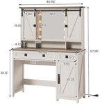 AOGLLATI Makeup Vanity with Lights & Barn Doors, Vanity Desk with Mirror and Lights & Charging Station, Farmhouse White Vanity Table with Jewelry Hooks and Open Storage Shelves
