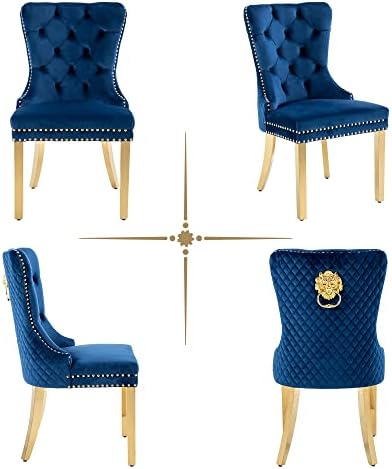 Dining Chairs Set of 6, High-end Back Lion Head Ring with Rhomboid Pattern | Elegant Button Tufting, Add Luxury to Dining Room, Bedroom, or Living Space, Durable Easy-clean Blue Velvet, Gold Legs