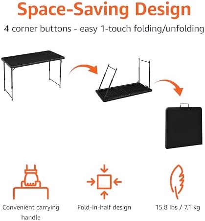 Amazon Basics Portable 4 Ft Rectangular Folding Dining Table, 4 Adjustable Height Settings, Space Saving Fold-in-Half Design and Carrying Handle, Indoor & Outdoor, Washed Black, 47.8 x 23.9 x 33.9 in