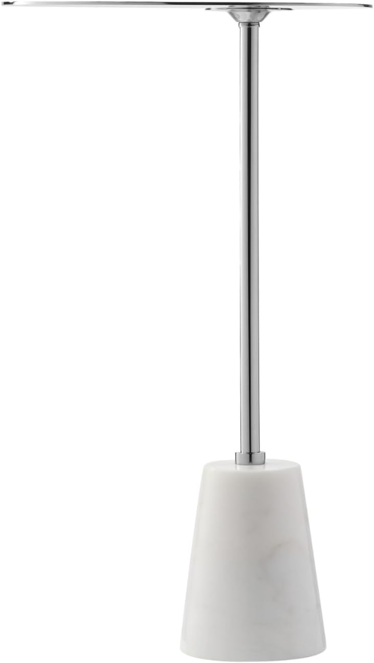Benjara Frank 12" Drink Side End Table- Chrome Top- White Marble Solid Base