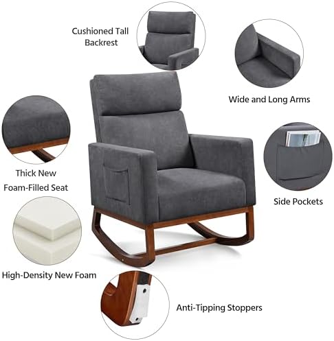 Yaheetech 28in Wide Padded High Back Glider Rocking Chair, Gray Polyester | High Back Nursing Chair with Side Pockets, Thick Foam Glider Chair, Rubberwood Base, Leisure Rocker for Living Room Bedroom