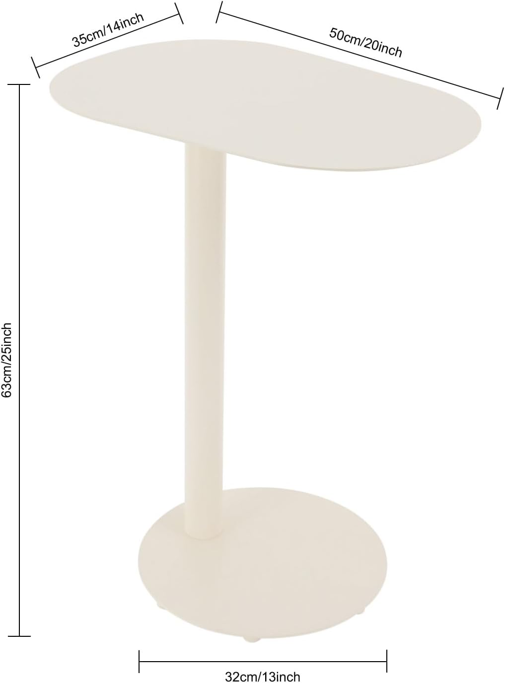 C-Shaped Side Table, Metal Coffee and Bedside Table, Small Cream White End Table for Couch Sofa and Bed, Living Room, Bedroom, and Office Use, 20" x 14" x 25"