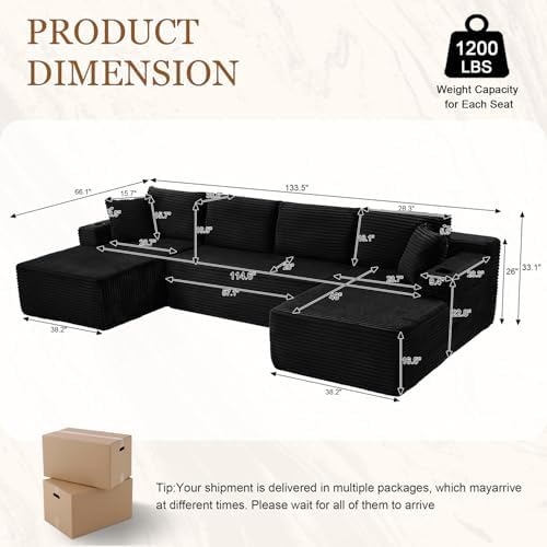 134 Inch Modular Sectional Sleeper Sofa, Cloud Couch for Living Room, U Shaped 5 Seat Sofa with 2 Storage Pockets& 2 Cup Holders, Free Combination, No Assembly Required (Black)