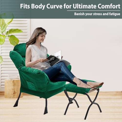 Youtanic Lazy Chair with Folding Ottoman, Accent Chair Velvet Upholstered with Metal Structure and Non-Slip Pads, Sofa Armchair with Footrest and Side Storage Bag for Dorm, Room, Office, Green