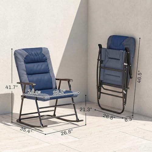 Outsunny Oversized Folding Rocking Camping Chair Set of 2 Padded Navy Blue | Outdoor Rockers, High Back and Armrests, Portable Outdoor Patio Chairs, Steel Frame, Garden Porch Lawn