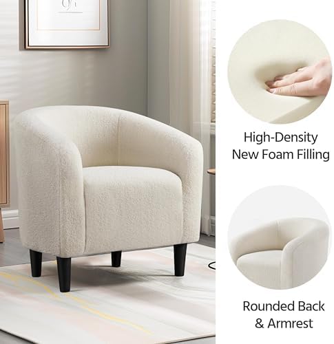 Yaheetech Small 25.5in Wide Sherpa Barrel Accent Chair for Bedroom, Ivory | Compact Cozy Barrel Chairs with a Curved Silhouette, Upholstered Furry Armchair for Small Spaces, Living Room Bedroom Corner