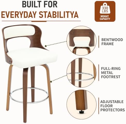 ClinQ 26" Counter Height Barstool Set of 2，Bentwood Leg and Back，White | 360° Swivel Barstool | Faux Leather Upholstered Seating | Ergonomic Backrest | Mid Century Style | Kitchen & Restaurant Use