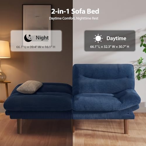 Pipishell Futon Sofa Bed, Modern 66" Futon Couch Convertible to Bed & Lounger, Compact Size, Corduroy Loveseat, Durable Construction - Fits Small Spaces, Apartments,Study Room (Blue, 66 Inch)