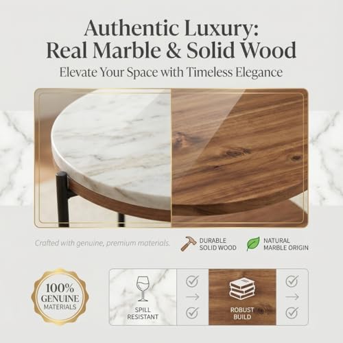 Lyra Round Marble End Table – Solid Acacia Wood Shelf, Open Storage Side Table for Living Room, Bedroom, Entryway, Small Spaces – Nightstand, Plant Stand, Modern Accent Table with Metal Frame