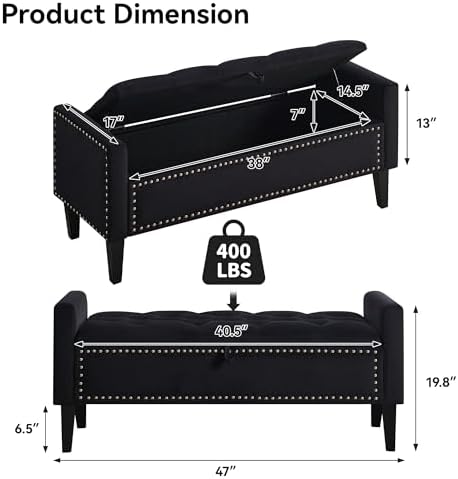 WUTUTUEE 47" Velvet Storage Bench, Upholstered Bed Bench with Storage, End of Bed Ottoman with Wooden Legs,Bedside Storage Bench for Bedroom, Living Room, or Entryway, Black