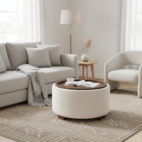 Zihanhome 30 Inch Round Storage Ottoman, Ottoman Coffee Table with Lift Off Lid, Boucle Modern Ottomans with Storage for Living Room, Bedroom, Apartments (Beige)