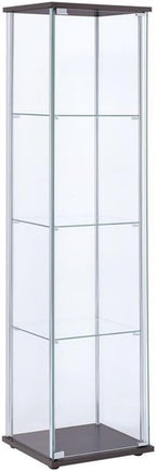 BOWERY HILL 4 Shelf Glass Display Case Cabinet with Chrome Support Beams and Cappuccino Brown Top/Base