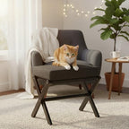 BAMBOOHOMIE Foldable Foot Stool Ottoman, Small Padded Foot Rest with Bamboo X-Legs, Portable Folding Leg Rest for Living Room Bedroom Office, Soft Foam Cushion Step Stool for Couch & Armchair (Black)