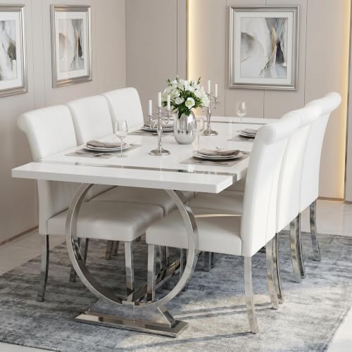 ACEDÉCOR Dining Chairs, White Leather Dining Chairs Set of 6, Upholstered Kitchen Room Chairs with Silver Stainless Steel Legs