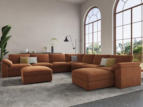 EASE MOOSE Oversized Modular Sectional Sofa with Ottoman, Modern Luxury Wide Deep Modular Couch, U Shaped Couch for Big Spaces Living Room, Brown