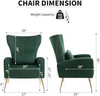 Modern Accent Chairs Set of 2, Wingback Chair with Arm & Gold Legs, Living Room Bedroom Side Chair with Lumbar Pillow, Velvet Upholstered, Channel Tufted, Green