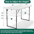 Folding Table 1 Pack, 4FT Folding Table with Adjustable Height, Heavy Duty Plastic Foldable Table Portable, Steel Legs Supports to 300lbs, Suitable for Party, Camping, Events Indoor&Outdoor Use, White