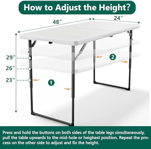 Folding Table 1 Pack, 4FT Folding Table with Adjustable Height, Heavy Duty Plastic Foldable Table Portable, Steel Legs Supports to 300lbs, Suitable for Party, Camping, Events Indoor&Outdoor Use, White