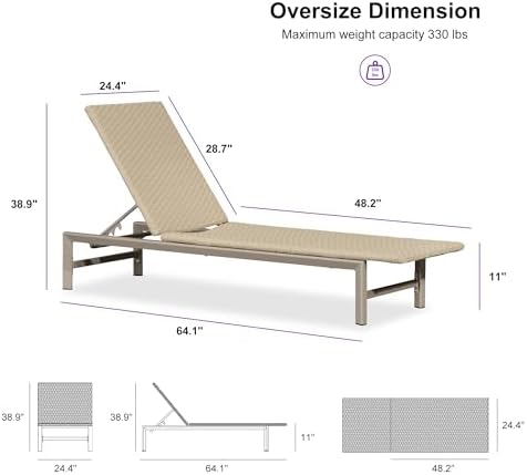 PURPLE LEAF Outdoor Chaise Lounge Chair Wood Grain Aluminum, Beige | 3-Year Color Retention PE Rattan, 2.4" Thickened Aluminum Frame, Knee-Friendly Height, For Poolside Patio Garden