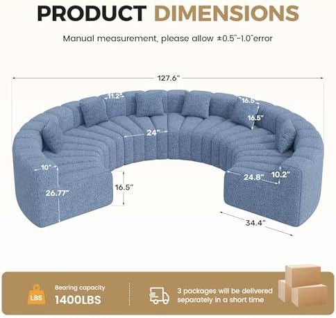 Oversized Curved Sofa, 6 Seater Modular Velvet Cloud Couch, Modern Sectional Couches for Living Room, No Assembly Required, Light Blue 1PC
