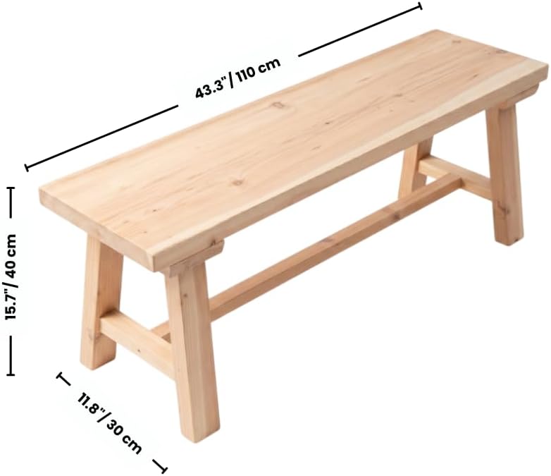 43" Farmhouse Solid Wood Bench Narrow Dining Bench Heavy Duty Entryway Bench Seat for Living Room, Bedroom & Mudroom Natural Wood Grain Finish